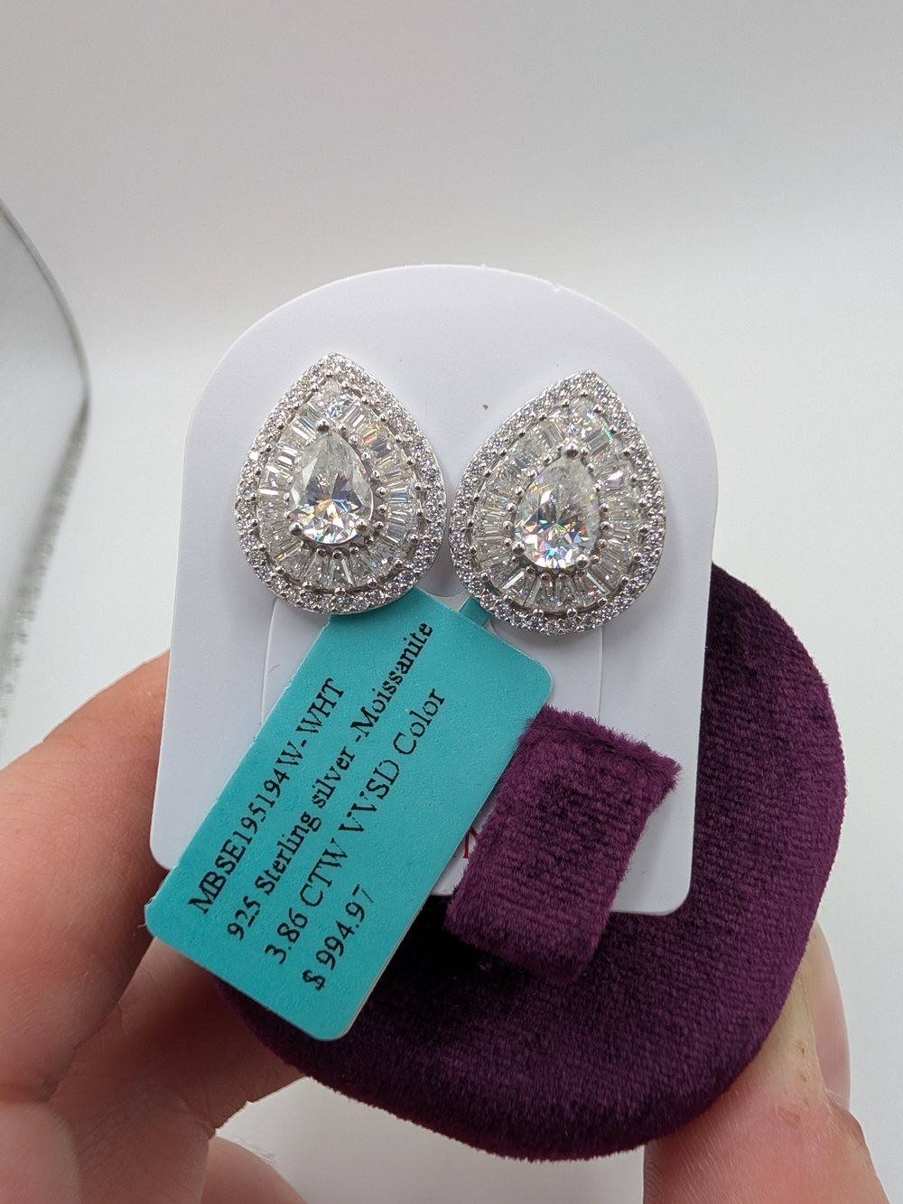 925 Sterling Silver Moissanite Halo Pear Stud Earrings 3.86 CTW VVS D Color